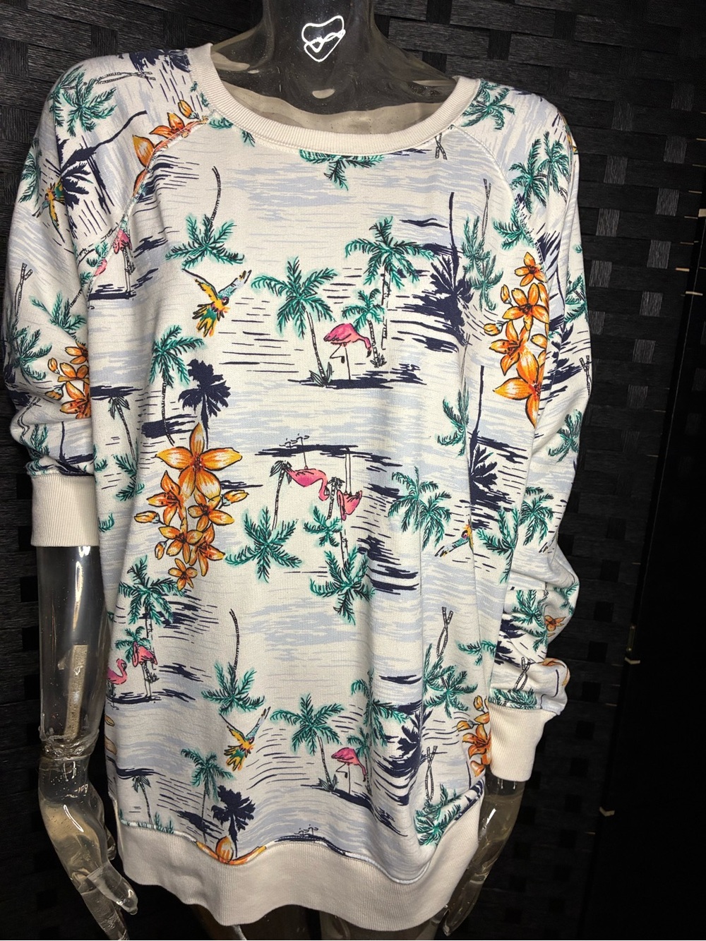Old Navy White Tropical Palm & Flamingo Print Sweatshirt - Picture 2 of 4